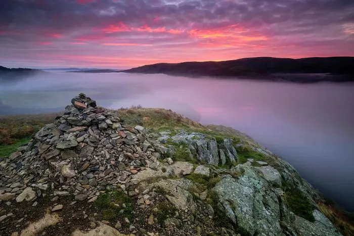 Framed Print : Summit Cairn on Yew Crag above misty Ullswater at sunrise, Gowbarrow Fell, Lake District National Park, UNESCO World Heritage Site, Cumbria, England, United Kingdom, Europe Framed Print : Summit Cairn on Yew Crag above misty Ullswater at sunrise, Gowbarrow Fell, Lake District National Park, UNESCO World Heritage Site, Cumbria, England, United Kingdom, Europe