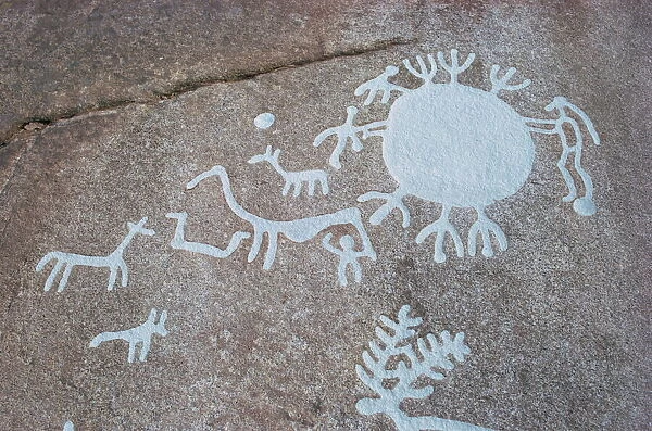 Sun disk symbol with animals, Hallristningar rock carvings dating from between 1500
