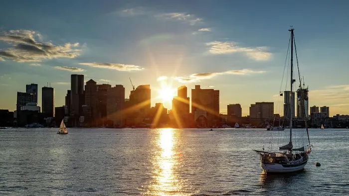 Framed Print : Sun flare over Boston from the East, Boston, Massachusetts, New England, United States of America, North America Framed Print : Sun flare over Boston from the East, Boston, Massachusetts, New England, United States of America, North America