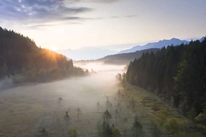 Framed Print : Sun rays at sunrise on fog covering the wetland of Pian di Gembro Reserve, aerial view