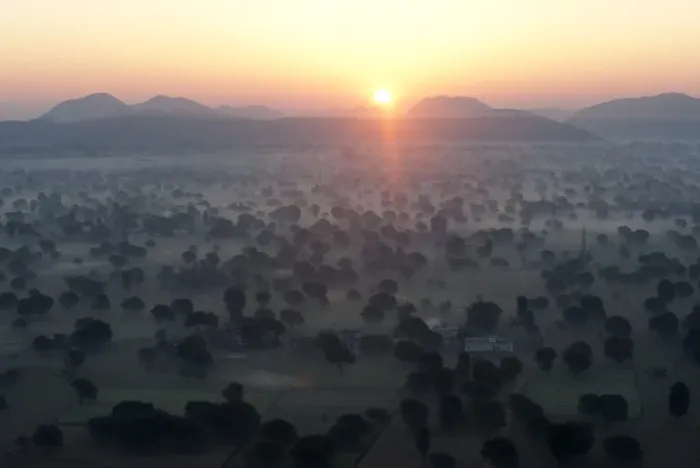 Framed Print : Sun rising over the hills and countryside surrounding Samode, from hot air balloon Framed Print : Sun rising over the hills and countryside surrounding Samode, from hot air balloon