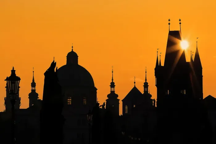 Framed Print : Sun rising above silhouettes of towers and spires at Charles Bridge at sunrise, UNESCO World Heritage Site, Prague, Czechia, Europe Framed Print : Sun rising above silhouettes of towers and spires at Charles Bridge at sunrise, UNESCO World Heritage Site, Prague, Czechia, Europe