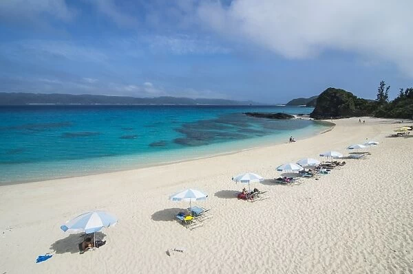 Sun shades on Furuzamami Beach, Zamami Island, Kerama Islands, Okinawa, Japan, Asia