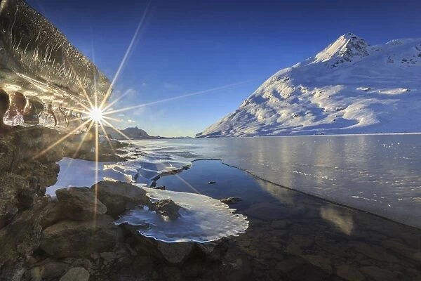 The sun shining through icicles formed on the shores of Lago Bianco at Bernina, completely frozen, Bernina Pass, Graubunden, Switzerland, Europe