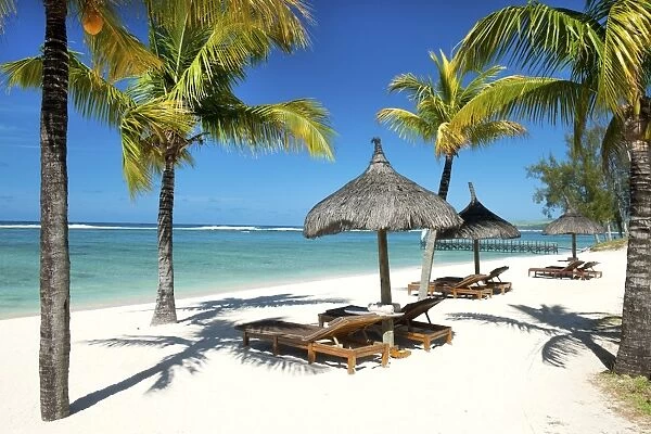 Sunbeds and palm trees, Ile aux Cerfs, Black River, Mauritius, Indian Ocean, Africa