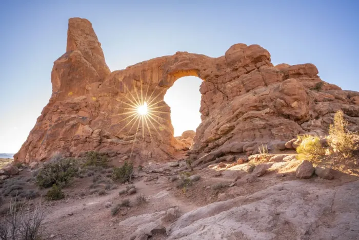 Framed Print : Sunburst through Turret Arch, Arches National Park, Utah, United States of America Framed Print : Sunburst through Turret Arch, Arches National Park, Utah, United States of America