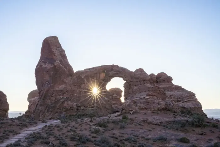 Framed Print : Sunburst through Turret Arch, Arches National Park, Utah, United States of America Framed Print : Sunburst through Turret Arch, Arches National Park, Utah, United States of America