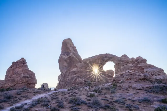 Framed Print : Sunburst through Turret Arch, Arches National Park, Utah, United States of America Framed Print : Sunburst through Turret Arch, Arches National Park, Utah, United States of America