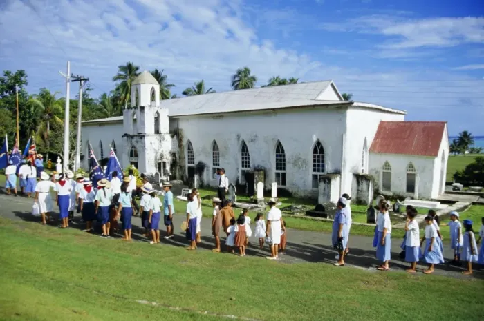 Framed Print : Sunday procession arriving at church for service, Aitutaki, Cook Islands Framed Print : Sunday procession arriving at church for service, Aitutaki, Cook Islands