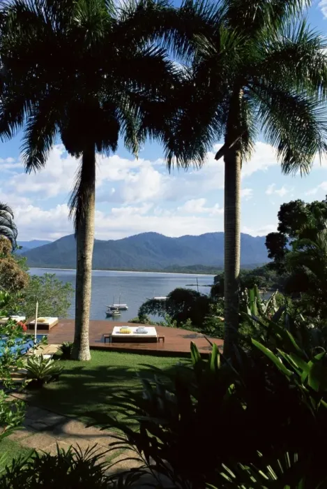 Framed Print : Sundeck and view across the bay, Pousada Picinguaba, Costa Verde, south of Rio Framed Print : Sundeck and view across the bay, Pousada Picinguaba, Costa Verde, south of Rio