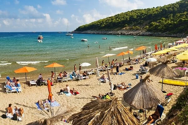 Sunj Beach, a popular sandy beach on Lopud Island, Elaphiti Islands (Elaphites), Dalmatian Coast, Adriatic Sea, Croatia, Europe