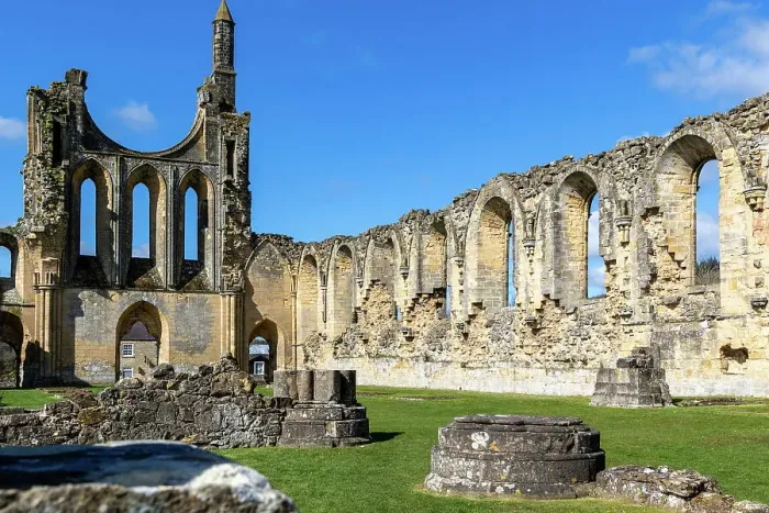 Framed Print : Sunny day at ancient Gothic ruins with blue sky, Byland Abbey, North Yorkshire, England, United Kingdom, Europe Framed Print : Sunny day at ancient Gothic ruins with blue sky, Byland Abbey, North Yorkshire, England, United Kingdom, Europe