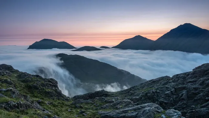 Framed Print : Sunrise behind Bla Bheinn and Marsco with an early morning inversion filling Glen Framed Print : Sunrise behind Bla Bheinn and Marsco with an early morning inversion filling Glen