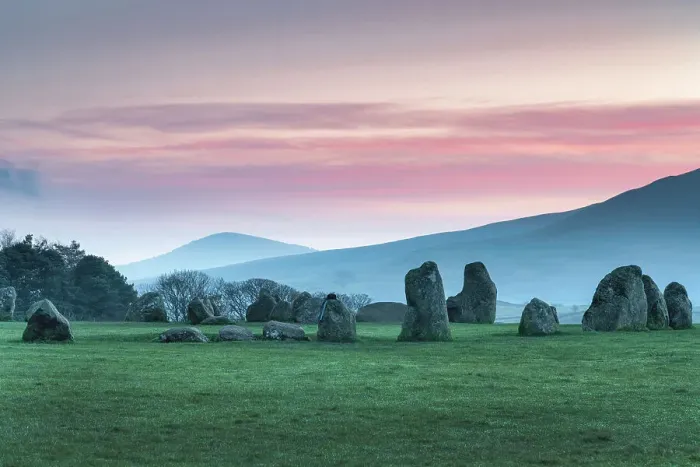 Framed Print : Sunrise over Castlerigg and St. John's in the Vale near Keswick, Lake District National Park, UNESCO World Heritage Site, Cumbria, England, United Kingdom, Europe