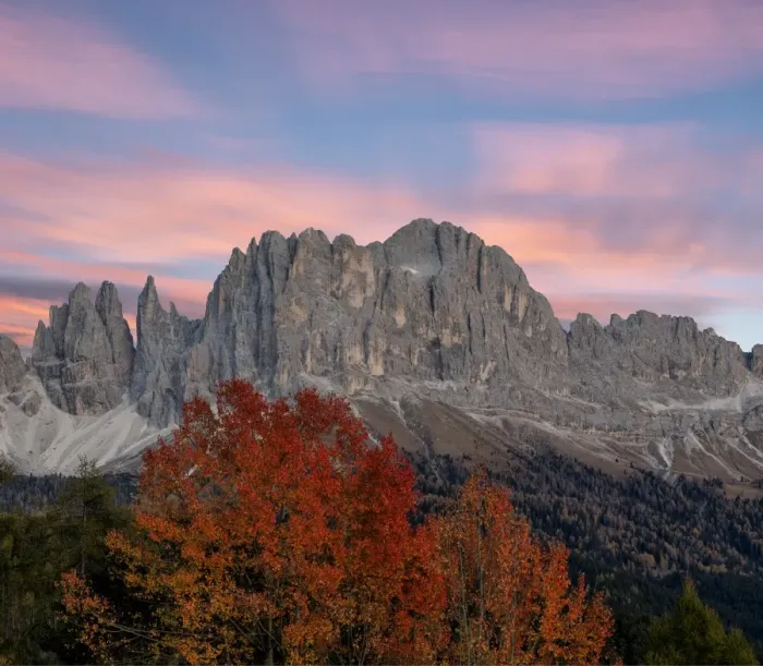Framed Print : Sunrise on Catinaccio Rosengarten and Torri Del Vajolet in autumn, Tires Valley, Dolomites