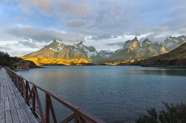 Sunrise over Cuernos del Paine and Lago Pehoe, Torres del Paine National Park, Chilean Patagonia