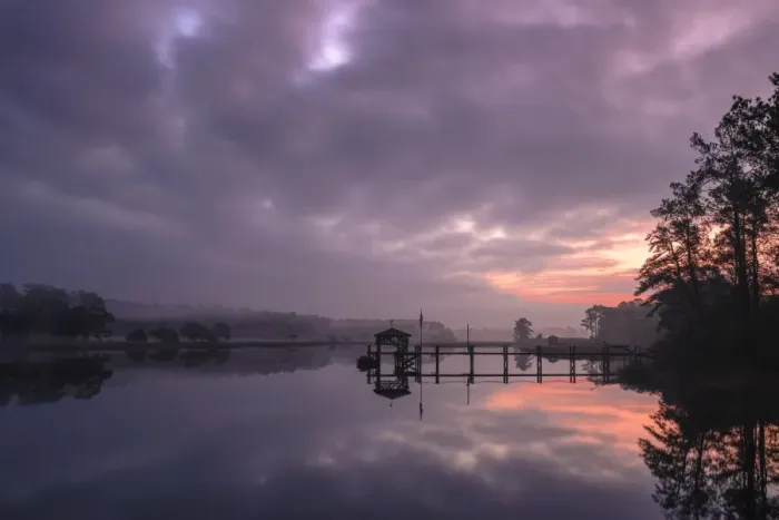 Framed Print : Sunrise and dock on intracoastal waterway, Calabash, North Carolina, United States of America