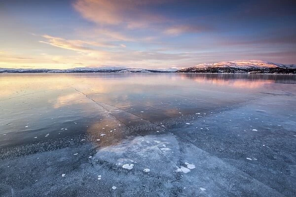 Sunrise on the frozen Lake Limingen, Rorvik, Borgefjell National Park, Trondelag