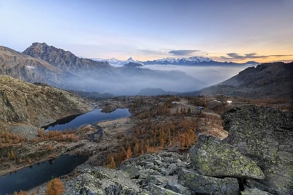 Sunrise on Matterhorn and Mount Rosa, Natural Park of Mont Avic, Valle d Aosta, Graian Alps