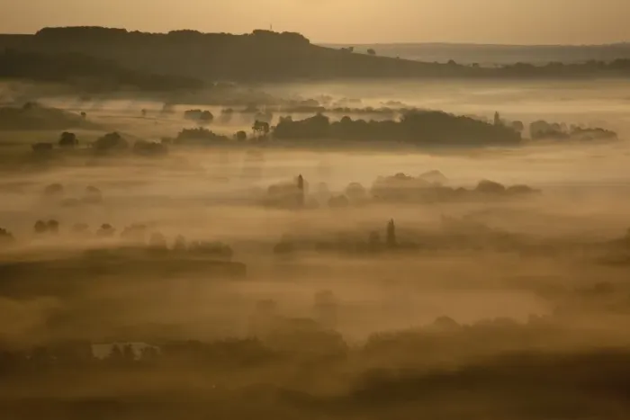 Framed Print : Sunrise over misty valley from the terrace, Vezelay, Burgundy, France, Europe