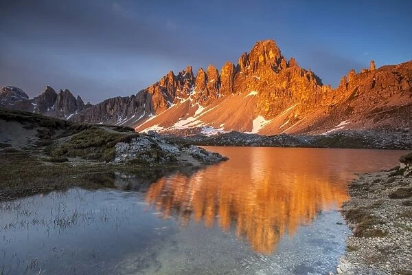Sunrise at Mount Paterno and Lakes Piani in the Dolomites of Sesto, on the border between Veneto and South Tyrol, Italy, Europe