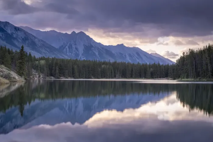 Framed Print : Sunrise over the mountains of the Rockies, reflected in Johnson Lake, Banff National Park Framed Print : Sunrise over the mountains of the Rockies, reflected in Johnson Lake, Banff National Park