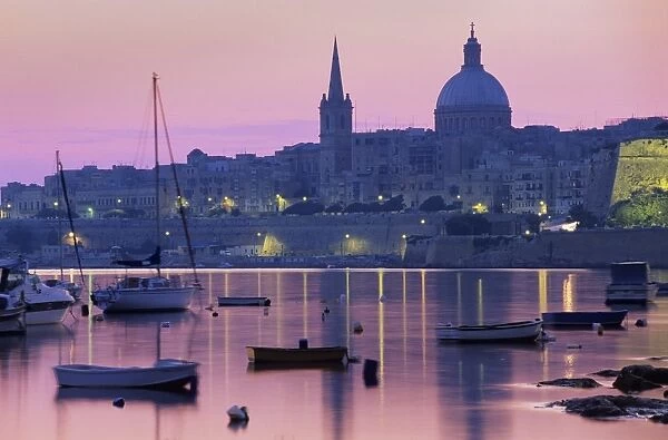 Sunrise over Msida Creek to Valletta with Dome of Carmelite Church, Valletta
