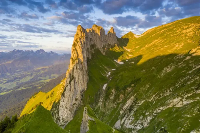 Framed Print : Sunrise on rocky peak of Saxer Lucke mountain in summer, Appenzell Canton, Alpstein Range Framed Print : Sunrise on rocky peak of Saxer Lucke mountain in summer, Appenzell Canton, Alpstein Range