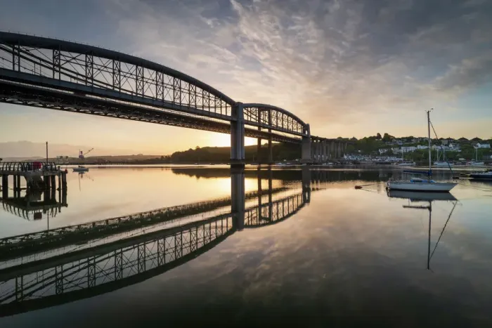 Framed Print : Sunrise over the Royal Albert Bridge which spans the River Tamar in Saltash, Cornwall, England, United Kingdom, Europe
