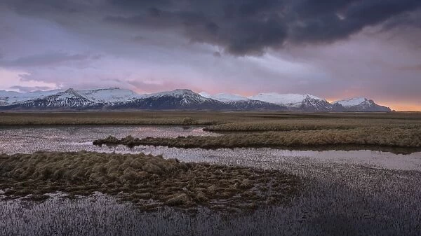 Sunrise over snow-covered mountains and lakes in east Iceland, Polar Regions