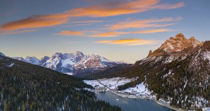 Framed Print : Sunrise over the snowy woods surrounding Lake Misurina and Sorapis, aerial view Framed Print : Sunrise over the snowy woods surrounding Lake Misurina and Sorapis, aerial view
