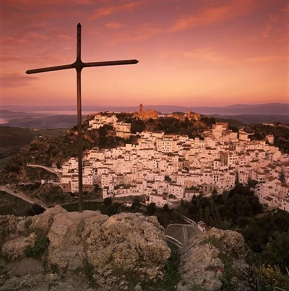 Sunrise over typical white Andalucian village, Casares, Andalucia, Spain, Europe
