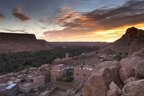 Sunrise over village south of the Todra Gorge near Tinerhir, Morocco, North Africa