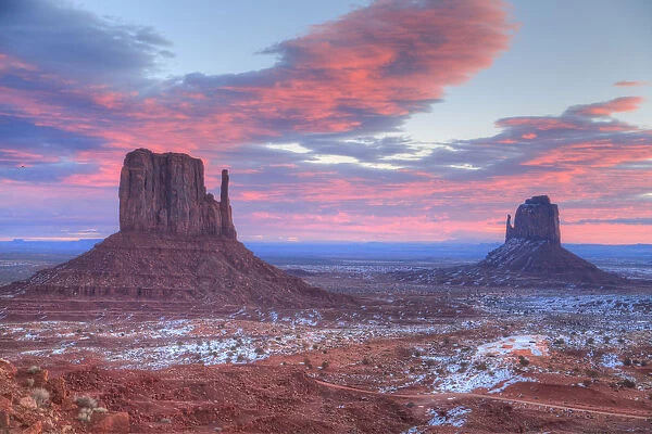 Sunrise, West Mitten Butte on left and East Mitten Butte on right, Monument Valley