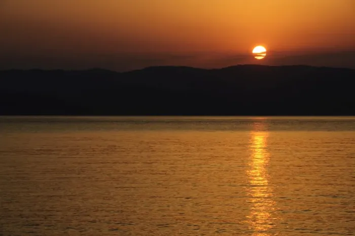 Framed Print : Sunset over the Aegean, taken from Loutraki, Skopelos, with Skiathos in background
