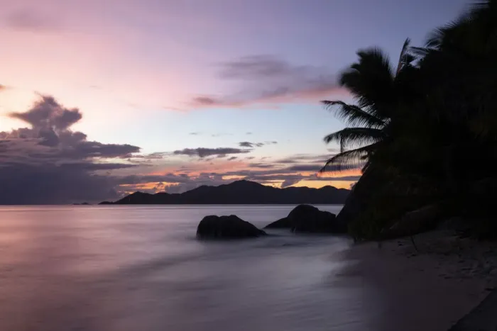 Framed Print : Sunset at Anse Source d Argent looking toward Praslin, Union Estate Park, La Digue Framed Print : Sunset at Anse Source d Argent looking toward Praslin, Union Estate Park, La Digue