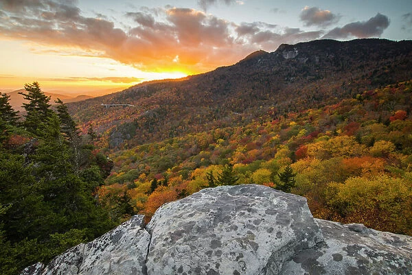 Sunset and autumn color at Grandfather Mountain, located on the Blue Ridge Parkway
