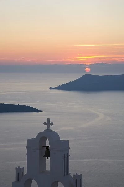 Sunset over the caldera, typical church in fore, Firostefani, Santorini (Thira) (Thera), Cyclades Islands, South Aegean, Greek Islands, Greece, Europe