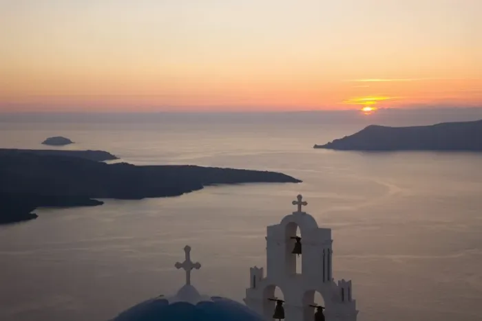 Framed Print : Sunset over the caldera, typical church in foreground, Firostefani, Santorini (Thira) (Thera), Cyclades Islands, South Aegean, Greek Islands, Greece, Europe Framed Print : Sunset over the caldera, typical church in foreground, Firostefani, Santorini (Thira) (Thera), Cyclades Islands, South Aegean, Greek Islands, Greece, Europe