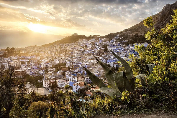 Sunset over Chefchaouen, the blue city of Morocco, North Africa, Africa
