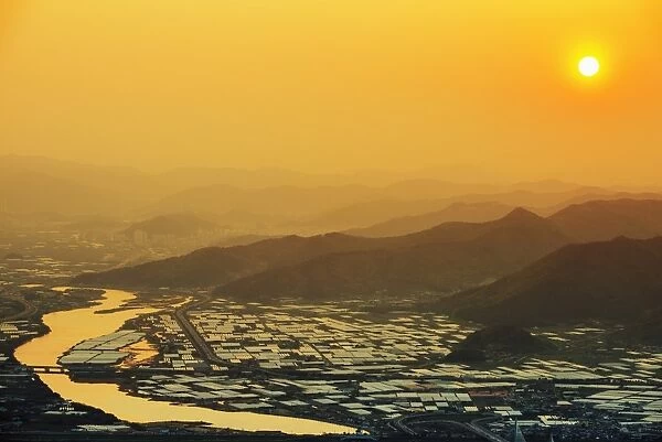 Sunset over city, Busan, South Korea, Asia