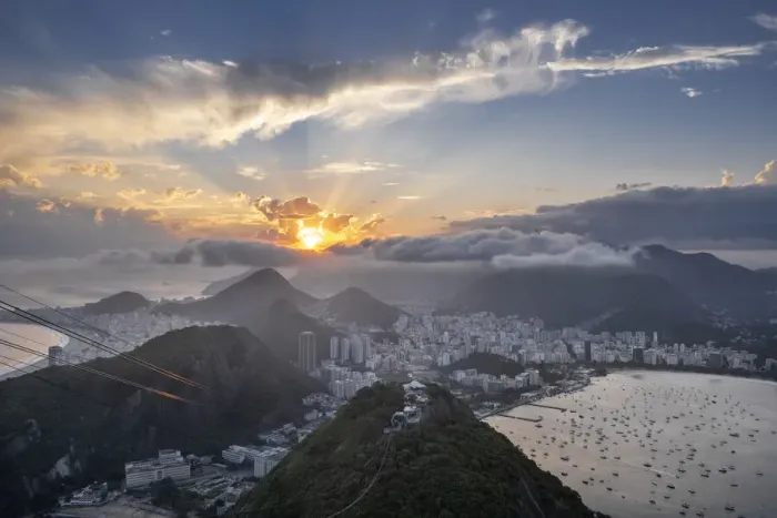 Framed Print : Sunset over the city skyline and Rios mountains and beaches from the summit of Sugar Loaf mountain, Rio de Janeiro, Brazil, South America Framed Print : Sunset over the city skyline and Rios mountains and beaches from the summit of Sugar Loaf mountain, Rio de Janeiro, Brazil, South America