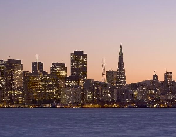 Sunset over the city skyline of San Franciscos financial district