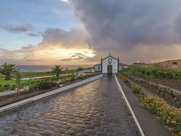 Sunset over Ermida de Nossa Senhora do Pranto chapel on Sao Miguel island, Azores Islands, Portugal, Atlantic, Europe