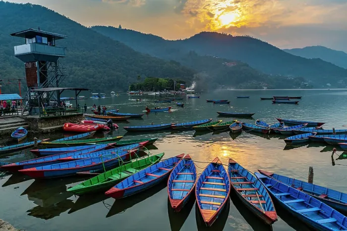 Framed Print : Sunset over Fewa Lake with many rowing boats, Pokhara, Nepal, Asia Framed Print : Sunset over Fewa Lake with many rowing boats, Pokhara, Nepal, Asia