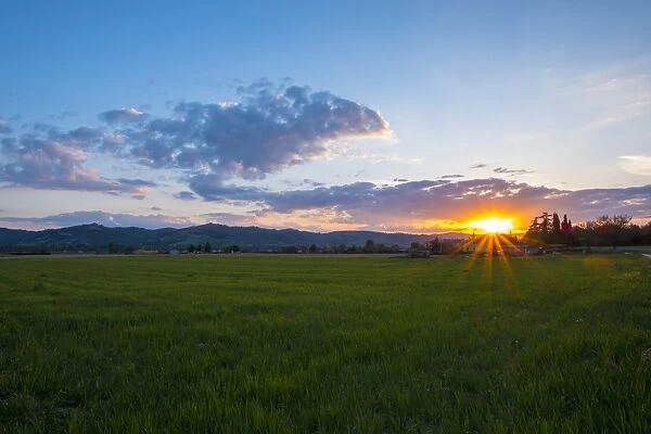 Sunset over fields, Gubbio, Umbria, Italy, Europe