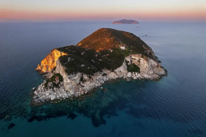 Framed Print : Sunset above Gavi island with Zannone island in the background, aerial view, Ponza municipality, Circeo National Park, Pontine archipelago, Tyrrhenian sea, Latina province, Latium (Lazio), Italy Europe