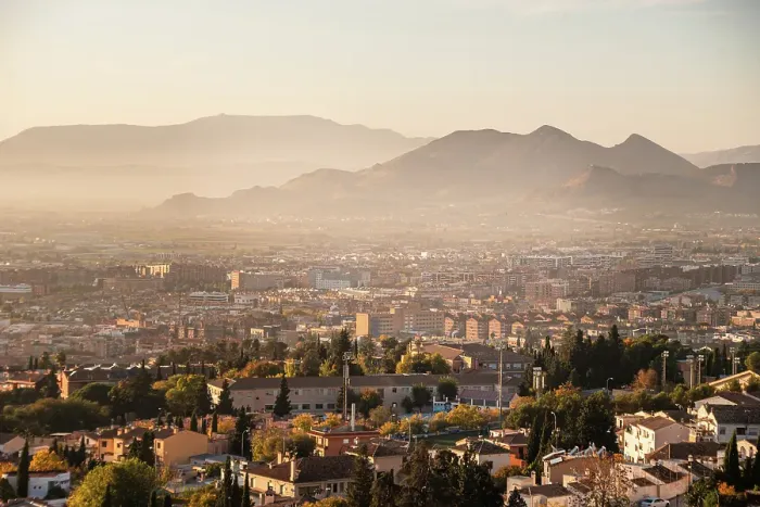 Framed Print : Sunset above Granada looking north to Cartuja with the mountains of Parque Natural Sierra de Huetor, Granada, Andalucia, Spain