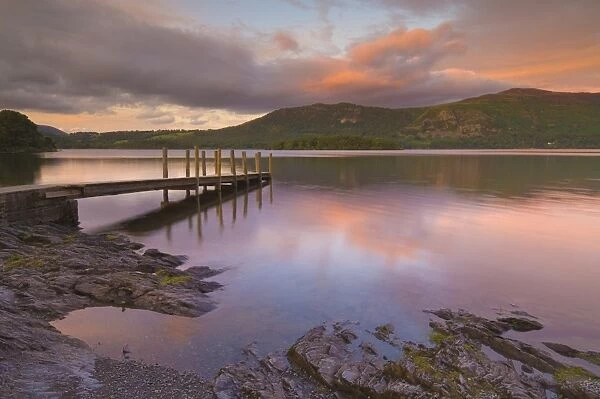 Sunset, Hawes End landing stage jetty, Derwent Water, Lake District, Cumbria