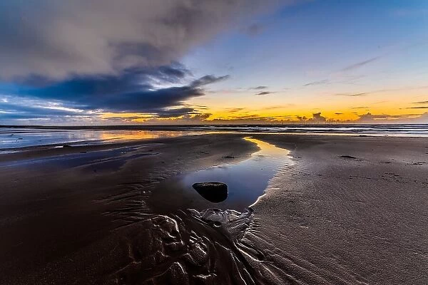 Sunset across the Irish Sea and Furness Peninsula, from Sandy Gap, Walney Island, Cumbrian Coast, Cumbria, England, United Kingdom, Europe